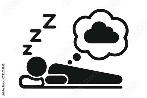Person sleeping in bed and dreaming icon. Sleep symbol vector illustration. Man resting in bedroom pictogram. Concept of relaxation, bedtime, fatigue, and healthy sleep. Zzz.