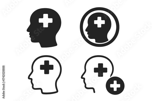 Mental health vector icon set. Head with medical cross. Psychology, psychiatry concept. Positive thinking, mind wellness, brain treatment. Therapy, support, and medical aid symbol.