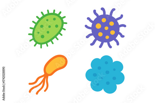 Colorful microbe and bacterium icon set in flat design. Vector illustration of different germs, viruses, pathogens, and probiotics. Biology and microbiology science concept.