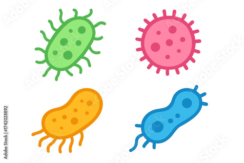 Colorful microbe, bacterium, and germ icon set. Cartoon vector illustration of various cute viruses and pathogens. Flat design biology science graphic for microbiology concepts.