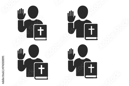 Person taking an oath on the holy bible icon. Swearing on a book with a cross. Witness testimony in court. Legal promise, pledge of honesty. Vector illustration pictogram set.
