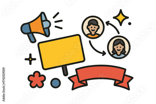 Refer a friend vector banner. Announcement sign. Social media communication icons. Networking, sharing, invitation. Megaphone message. Blank placard. Cartoon style. Relationship marketing concept.