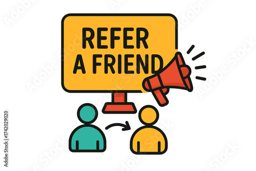 Refer a Friend Program Concept Banner. Vector Illustration with Megaphone, People Icons, Arrow, Referral Marketing, Announcement Promotion, Word of Mouth, Reward System, Simple Flat Style Isolated