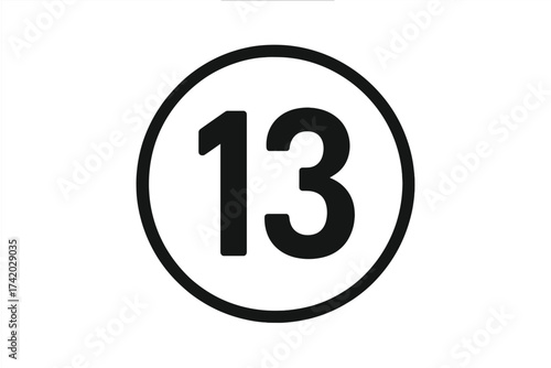 Number 13 icon vector. Unlucky thirteen numeral in a simple circle. Black round symbol on isolated background. Graphic design element for web, print, and infographics.