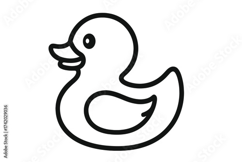 Cute rubber duck outline icon. Simple vector ducky bath toy illustration. Bold black line kid animal, bathtub toy, children’s coloring book design. Minimalist cartoon duck isolated on white.