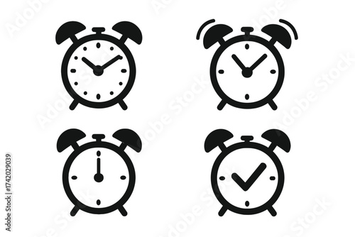 Vintage Alarm Clock Icon Set, Retro Wake Up Timer Symbol Collection, Minimalist Black Silhouette, Classic Bell Clock Sign, Editable Vector, Time Alert Notification, Transparent Background Icons