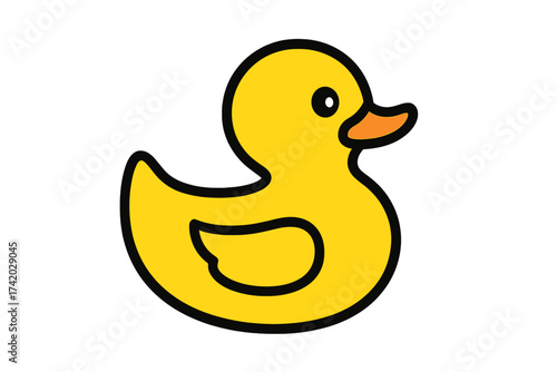 Cute yellow rubber duck vector illustration. Cartoon ducky bath toy icon. Child baby shower decoration. Simple clip art rubber duck isolated on white background. Nursery bathroom playful element.