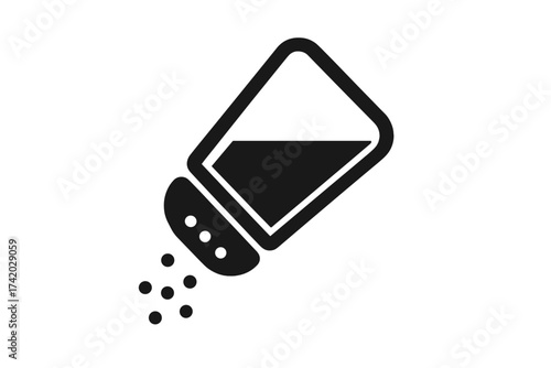 Salt shaker icon. Seasoning condiment symbol. Minimalist kitchen utensil vector. Cooking ware illustration. Sprinkle salt granules. Black simple pictogram isolated on white background.