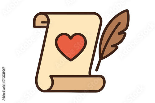 Romantic love letter scroll with quill and heart symbol. Vintage manuscript, handwritten message, Valentine's Day, affection, communication, declaration of love, romantic note vector illustration.