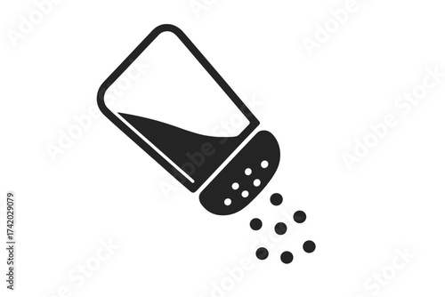 Salt shaker vector icon. Simple seasoning symbol. Black silhouette of tilted spice dispenser pouring salt granules. Minimalist condiment illustration for cooking, kitchen, food preparation concepts.