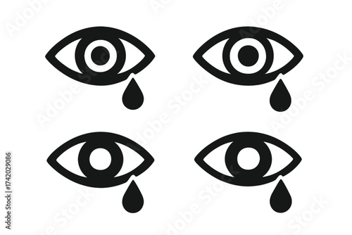 Crying eye icon set. Black eye with tear drop symbol isolated on white. Emotional sadness, grief, pain, depression, sorrow, empathy, mental health concept. Tearful visual metaphor vector