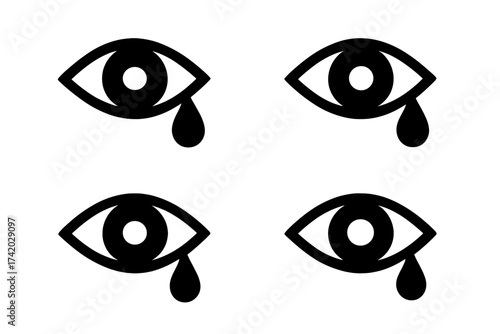 Crying Eye Icon Set Vector. Black Tearful Eyes Symbol Collection. Sadness, Grief, Emotion, Depression, Mental Health, Sorrow, Tragedy, Loss, Mourning, Transparent Background, Editable Design