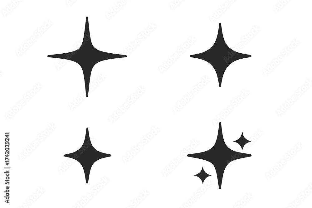Obraz premium Black sparkle icons set, shining star elements collection, bright glitter vector illustration for decoration, clean light effect digital symbols, magic twinkle graphic, transparent background design