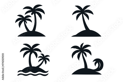 Set of palm tree on island vector icons. Black silhouette collection for summer vacation and travel design. Tropical beach, paradise, nature, and holiday concept logo symbols.