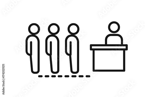 People queue line vector icon. Waiting in line at registration desk, check-in counter, or reception. Customer service concept. Group of persons in an ordered set. Patience.