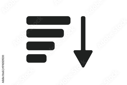 Sort list descending order icon. Data classification symbol. Arrange sort items. Down arrow menu indicator. Vector illustration transparent background. Hierarchy, ranking, sequence, organization.