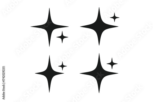 Shining sparkle star icons set. Black minimalist twinkle symbols collection. Glowing highlight decorative elements. Bright light shining effect vector. Transparent background starburst spark shapes.