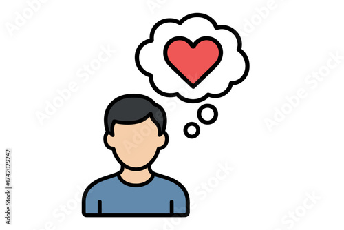 Man dreaming of love icon. Person thinking about romance. Head with heart in thought bubble. Affection, desire, feelings. Psychology, mental health, emotional intelligence.