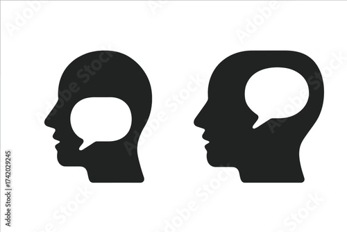 Silhouette heads with speech bubbles concept illustration. Communication, conversation, talking, psychology, mental health, dialogue, human mind, thoughts, social interaction, counseling, discussion.