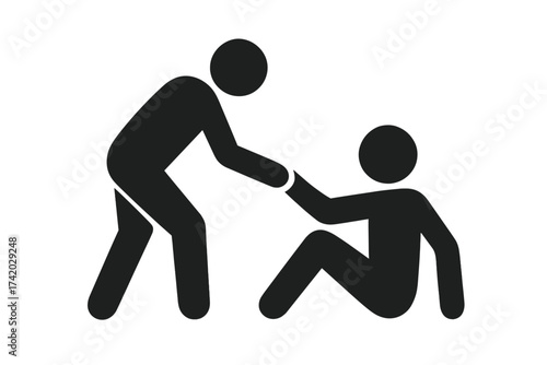 Person helping someone that fall to stand up vector icon. Solidarity, support and assistance concept. Teamwork and friendship symbol. Empathy, compassion, aid vector logo.