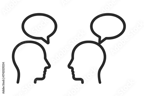 Two Profile Silhouette Heads with Speech Bubbles, Communication Conversation Icon, Dialogue Exchange Vector Illustration, Minimalist Line Art, Transparent Background, Social Interaction Concept