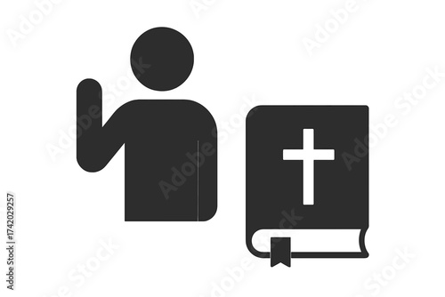 Person taking an oath on the Holy Bible icon. Swearing on the bible in court. Witness testimony symbol. Promise, vow, honesty, and truth concept. Legal, justice, and faith vector.