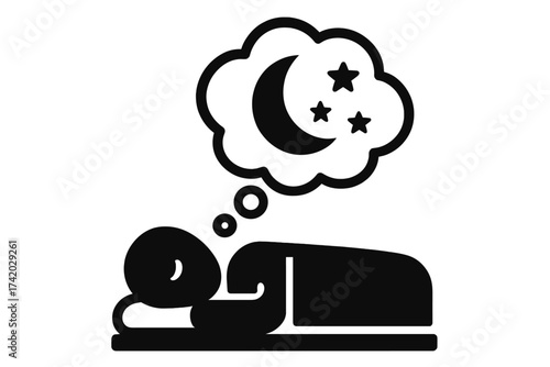 Sleeping person icon. Man in bed dreaming about moon and stars. Sleep, dream concept. Night rest, relaxation vector illustration. Bedtime, sweet dreams, insomnia symbol.