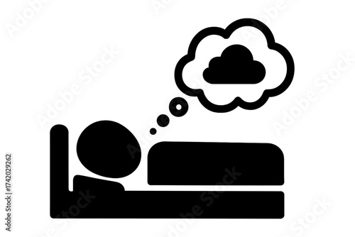Sleep icon. Person dreaming in bed. Man resting at night. Dream cloud symbol. Vector illustration for sleep, rest, relaxation, health, bedtime, fatigue, insomnia, wellness.