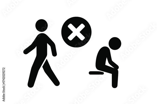 Man get fired icon. Person walks away from sad, rejected man. Decline, refuse, cross symbol. Unemployment, dismissal, breakup concept. Social issue vector illustration set.