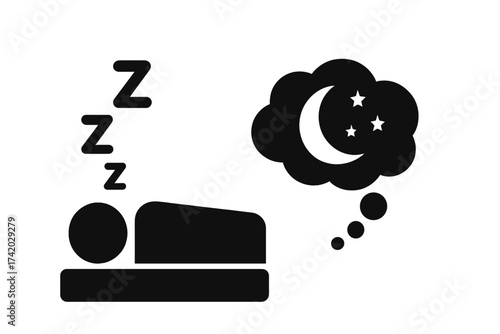Sleeping person icon. Man resting in bed dreaming of the night sky. Vector for sleep, dreams, bedtime, and relaxation. Good night, sweet dreams concept. Insomnia, sleep cycle.
