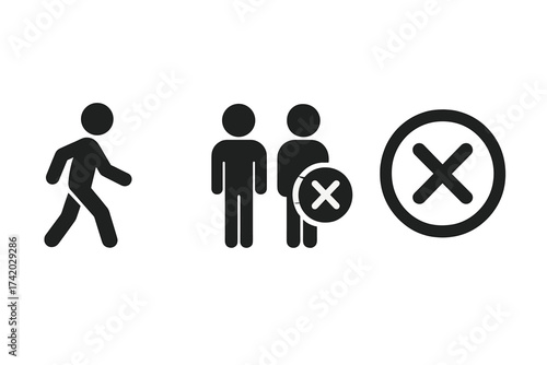 Fired icon, job loss, and unemployment concept. Man leaving, walking away. Dismissal, layoff, and recruitment failure. Reject, decline, and remove person pictogram set. Vector.