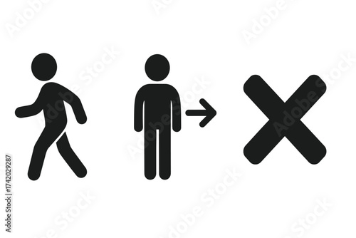 Man get fired vector icon set. Person walks away pictogram. Metaphor for dismissal, job loss, and unemployment. Concept for decline, refuse, reject, and wrong choice symbol.