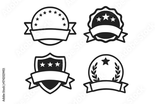 Set of quality badges and premium seals. Vector icon collection with guarantee labels, award emblems, and certified stamps. Shield and circle shapes with stars and ribbons for design.