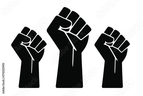 Three raised fists vector icon. Symbol of protest, revolution, and solidarity. Black lives matter movement concept. Power, resistance, freedom, and human rights activism emblem.
