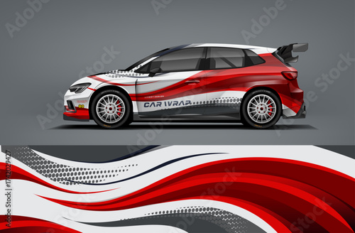Editable vector EPS car wrap featuring red and white flowing wave graphics. Sporty and dynamic rally livery with clean modern motion lines.