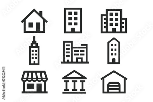 Urban building and city architecture icon set. Vector illustration of residential house, apartment, office tower, skyscraper, store, bank, garage, municipal buildings, urban infrastructure.
