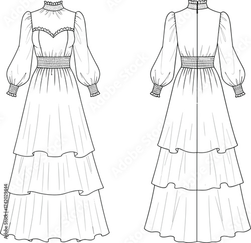 Tiered puff sleeve dress technical flat sketch, ruffled neckline, lace trim bodice, fitted waist, front and back view, vector fashion CAD illustration