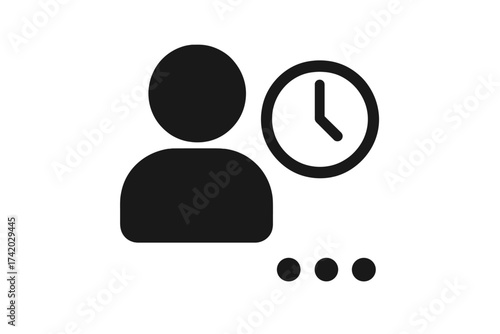 Person waiting icon with clock, time management symbol, pending user action, delay or queue illustration, black silhouette avatar with analog wall clock, isolated vector graphic concept set