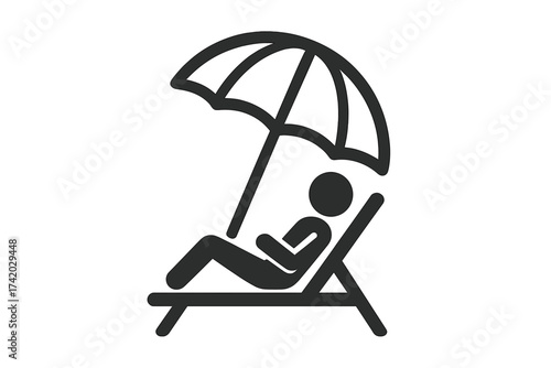 Relaxation symbol person on beach chair under umbrella. Vector icon for summer vacation, travel, and leisure. Sunbathing man on deckchair. Holiday resort, rest concept.