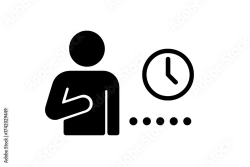 Waiting icon, silhouette person with hand gesture and clock symbol, patience concept, vector illustration, time management, deadline, expectation, transparent background, minimal style