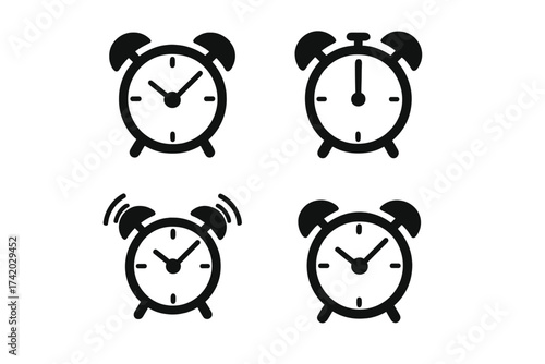 Retro alarm clock vector icon set. Classic vintage watch for wake up, morning alert, and deadline reminder. Ringing timer notification symbol collection for time management.
