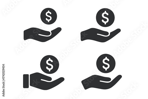 Hand receiving dollar coin icon set. Money payment, charity donation, income, and salary symbol. Financial support, earnings, and investment vector graphic collection.