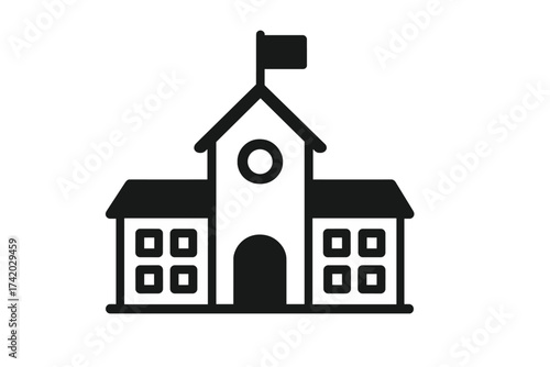 School building icon. Education symbol. University, college, academy, or library graphic sign. Simple black flat vector illustration isolated on white background. Back to school concept.