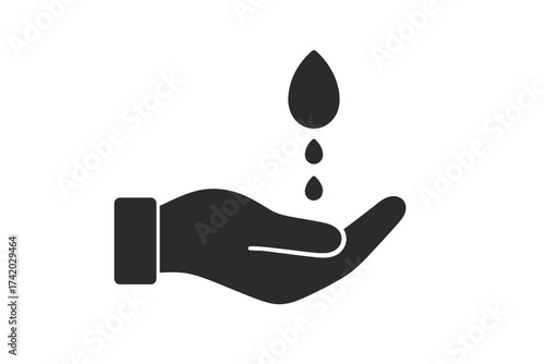 Water drop in hand vector icon. Save water, conservation and ecology concept. Hand washing, hygiene pictogram. Resource scarcity, donation and care symbol. Liquid, oil drop.