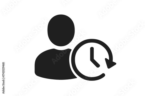 User profile with clock icon. Past time history symbol. Account activity log. Time tracking, schedule management, user history, previous actions, time analysis. Vector, flat, isolated illustration.
