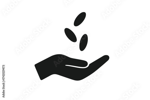 Seed in hand icon vector symbol for agriculture and cultivation. Sowing and planting concept for farming. Metaphor for growth, investment, new beginning, and hope. Black logo.