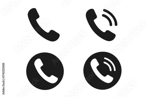 Phone icon set for web and mobile apps. Call symbol collection. Telephone handset silhouette. Ringing phone sign. Contact us button. Communication pictogram vector graphic.
