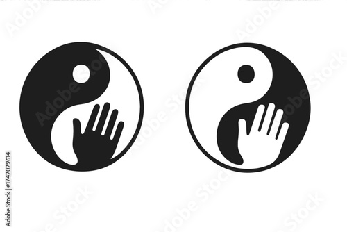 Yin Yang Symbol With Hands. Balance and Harmony Concept. Tai Chi, Martial Arts, Reiki, Healing Energy, Meditation, Philosophy, Duality, Black and White, Eastern Spirituality, Wellness, Zen Art