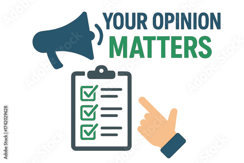 Customer Feedback Survey Concept. Your Opinion Matters Communication Banner. Megaphone, Checklist, Hand Pointer, Marked Boxes, Voting, Participation, Flat Vector Illustration with Transparency.