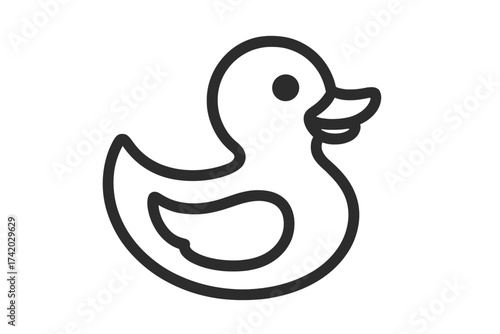 Rubber duck outline icon. Simple bath toy duck line art. Minimalist ducky vector illustration. Baby shower symbol. Nursery animal design. Child bathtub accessory. Playful water bird graphic.